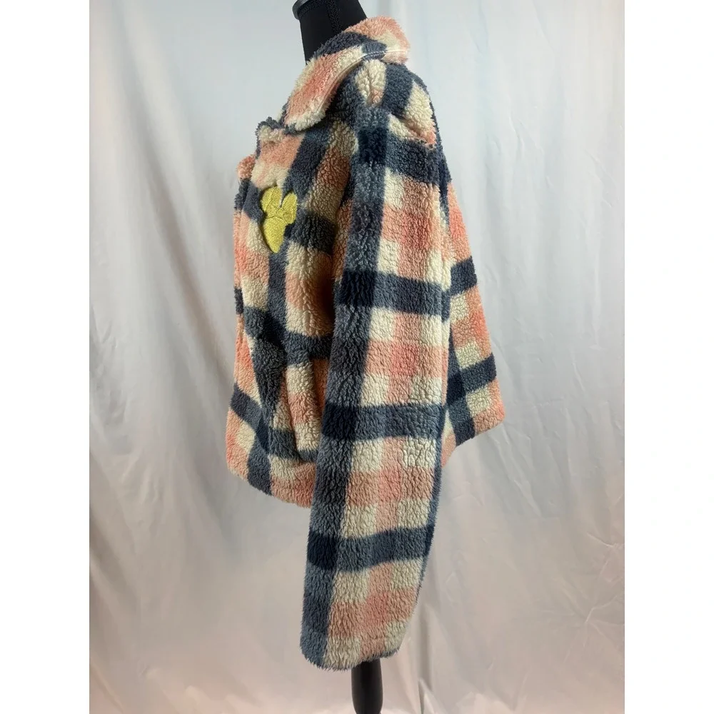 Disney Mickey Mouse Plaid Sherpa Fleece Teddy Jacket Pink Navy XL - Picture 7 of 8